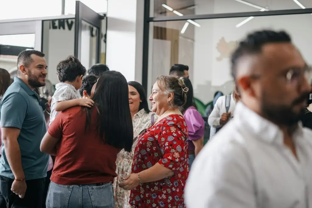 Church lobby with people gathering